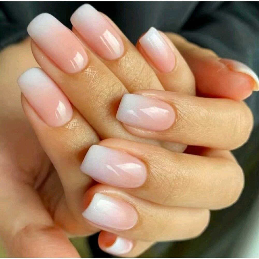 Ombre Square Press On Nails French Tip Style 25 pc Set Short Natural False Kit
